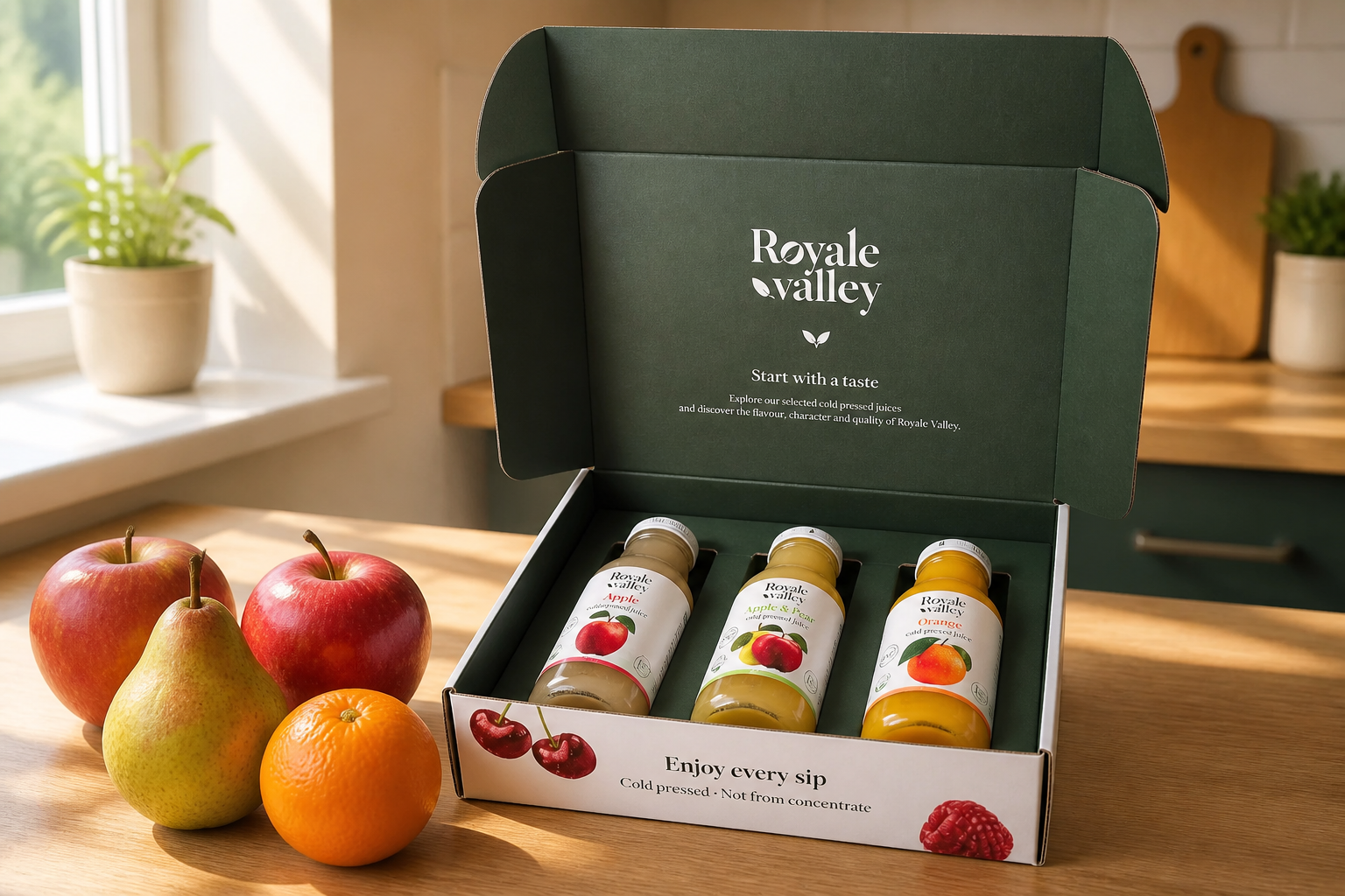 Open Royale Valley sample box with selected cold pressed juices